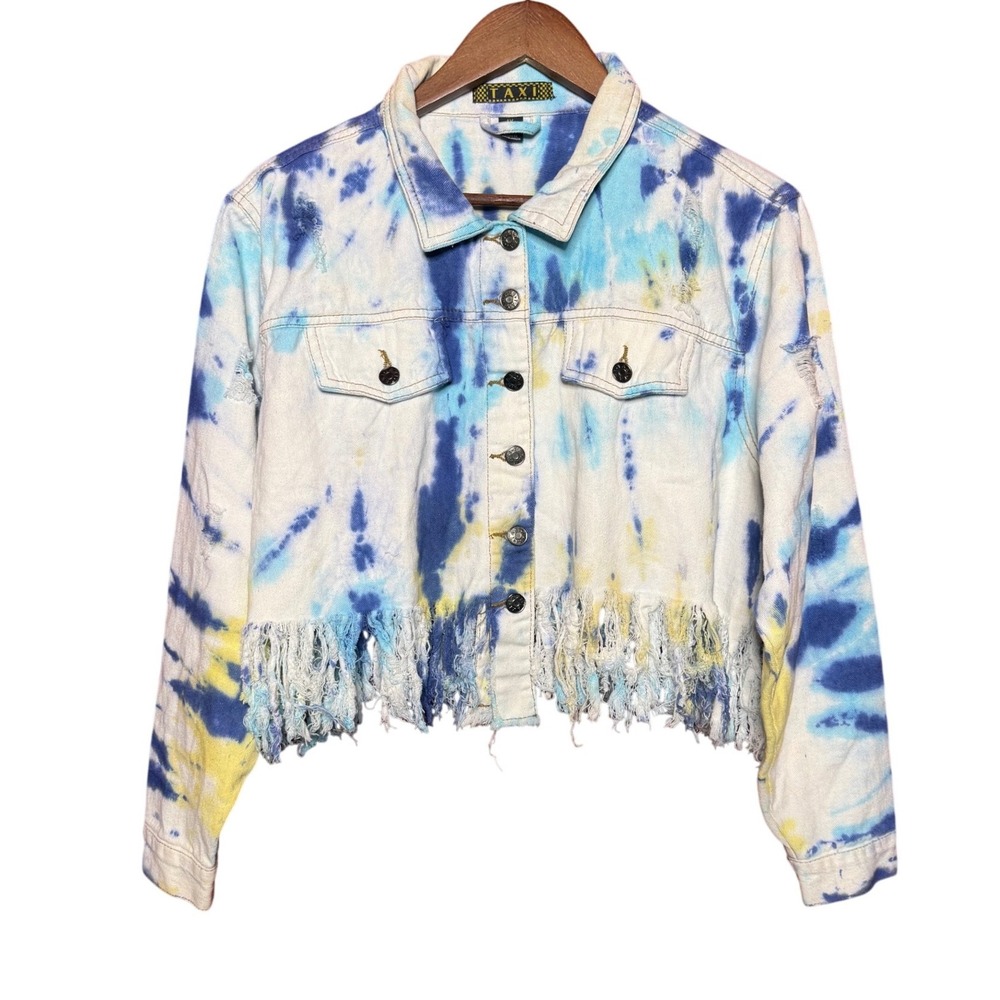 Taxi Jeans Women 1X Tie Dye Distressed Cropped Denim Jacket Blue Yellow 22111XR